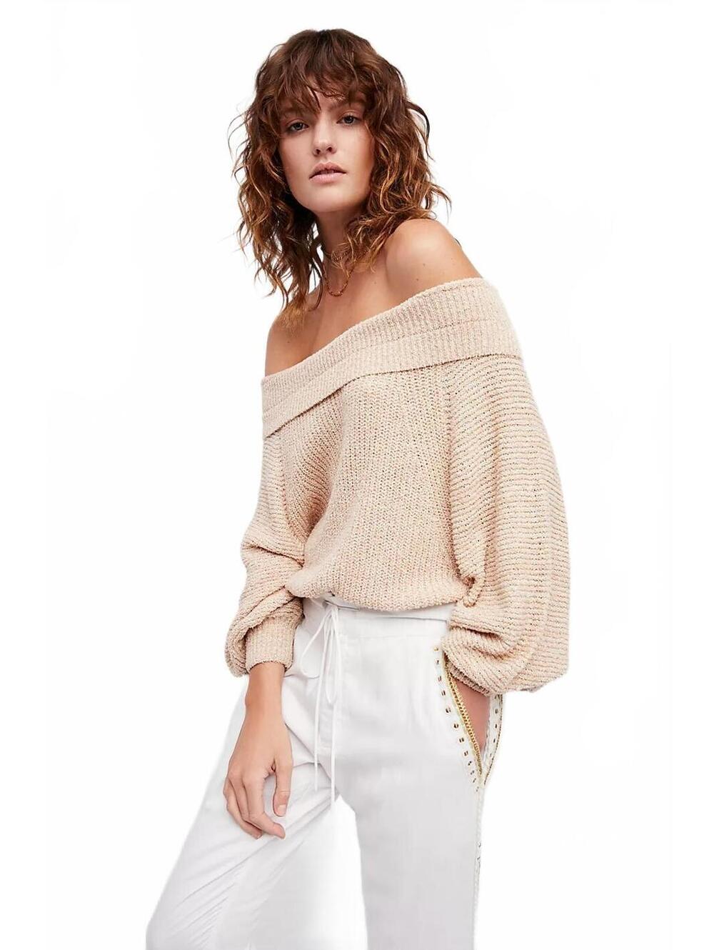 Free People Tan Edessa Boho Chunky Knit Off Shoulder Oversized Sweater Large